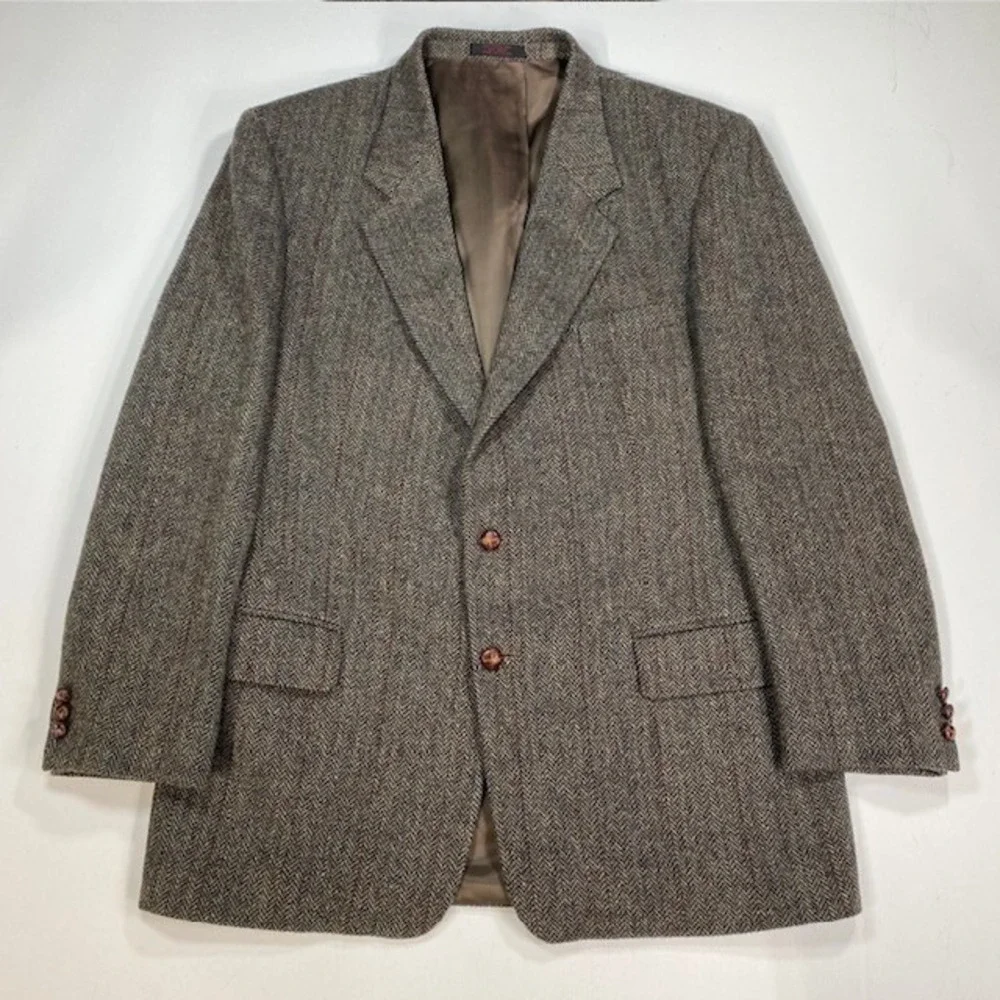 Mens 44L Brown Tweed Herringbone 100% Wool Blazer Jacket English Manor - Picture 1 of 15